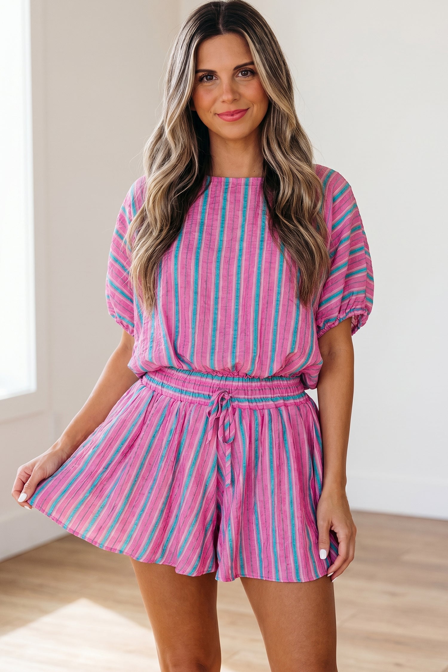 Pink Stripe Dolman Short Sleeve Blouse Drawstring Elastic Waist Loose Short Set