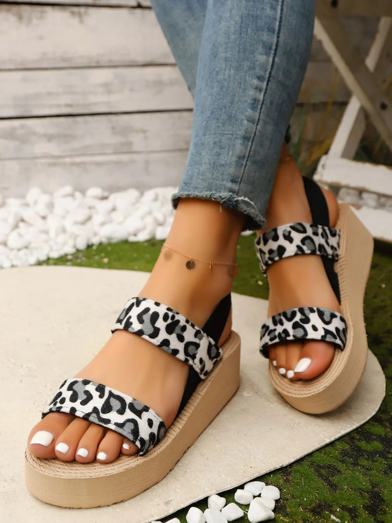 Leopard Open Toe Wedge Sandals