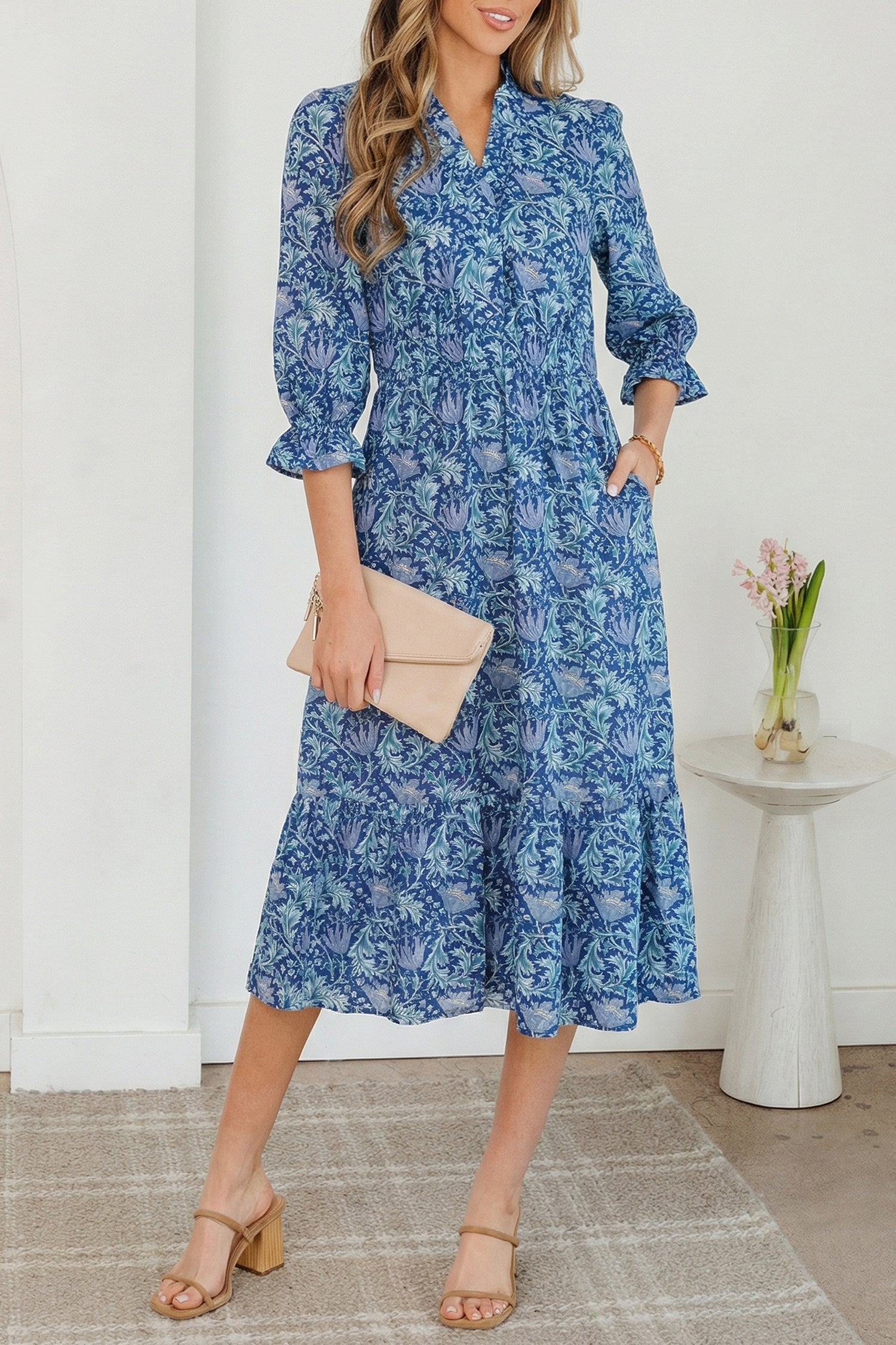Sky Blue Floral Printed Frilled V Neck Bracelet Sleeve Long Dress