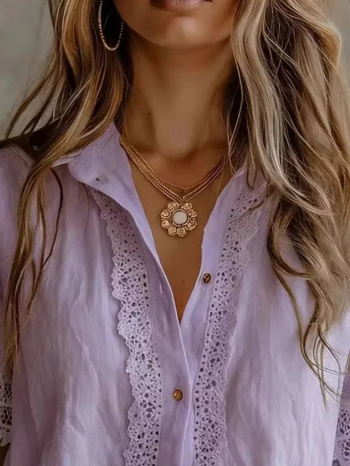 Lace-Trimmed Short Sleeve Button-Down Shirt