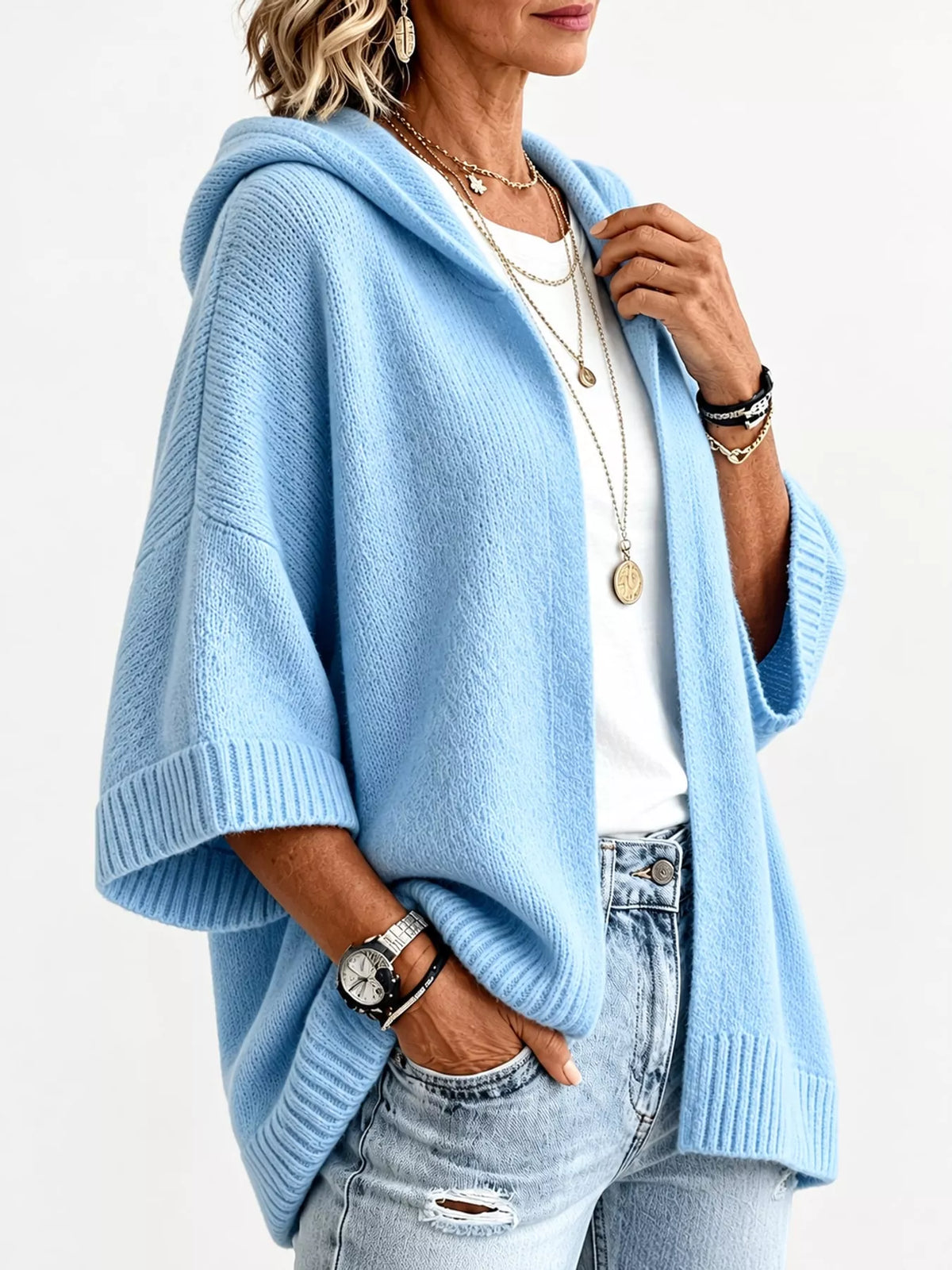 Full Size Hooded Open-Front Knit Cardigan Plus Size