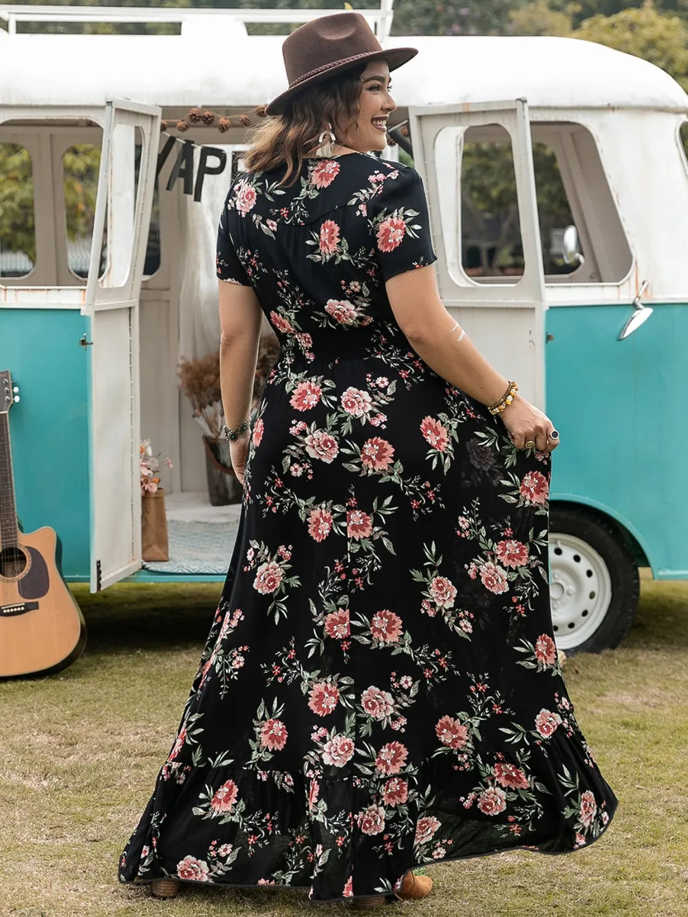 Button Detail Printed V-Neck Short Sleeve Maxi Dress