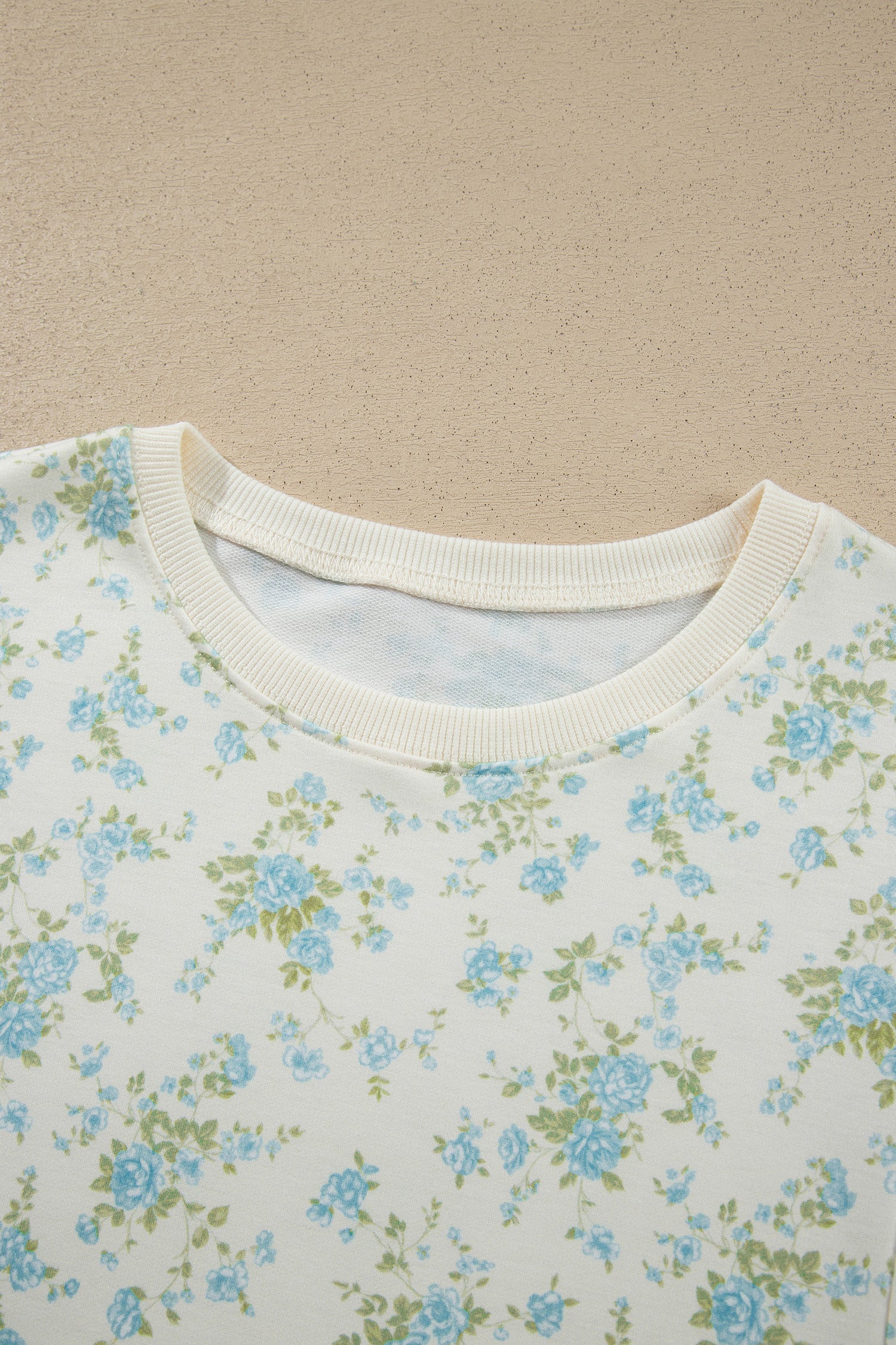 Sky Blue Floral Print Short Sleeve Elastic Waist Pocket Two Piece Set