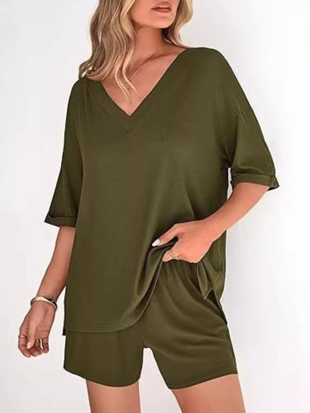 Solid Color V-Neck and Shorts Set