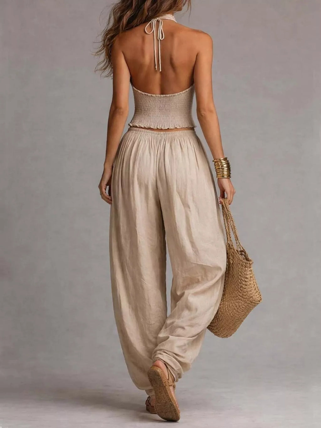 Full Size Halter Neck Top and Wide-Leg Harem Pants Two-Piece Set Plus Size