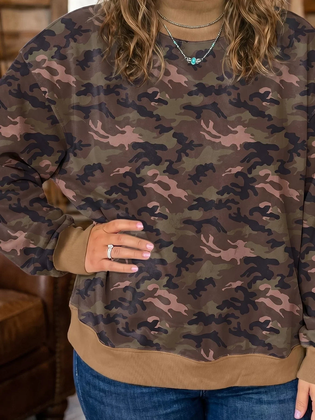 Plus Size Camouflage Print Long Sleeve Oversized Shift Sweatshirt