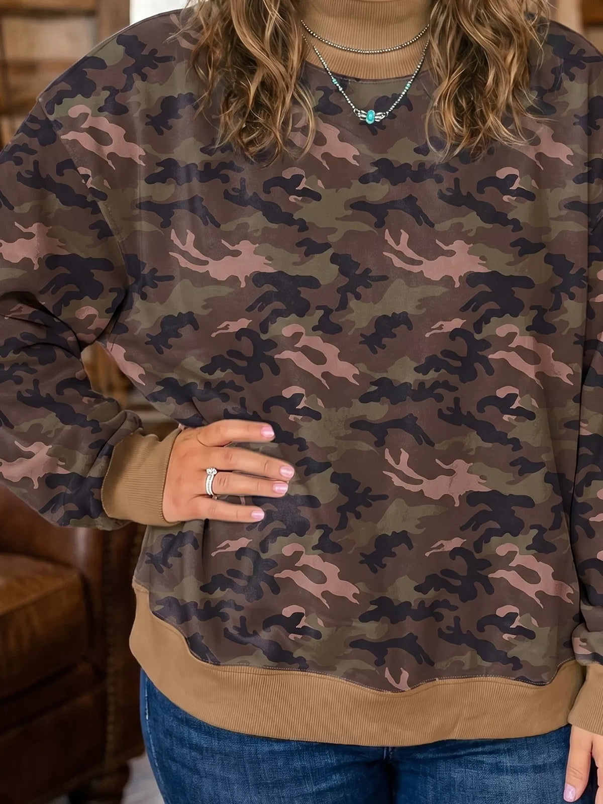 Plus Size Camouflage Print Long Sleeve Oversized Shift Sweatshirt
