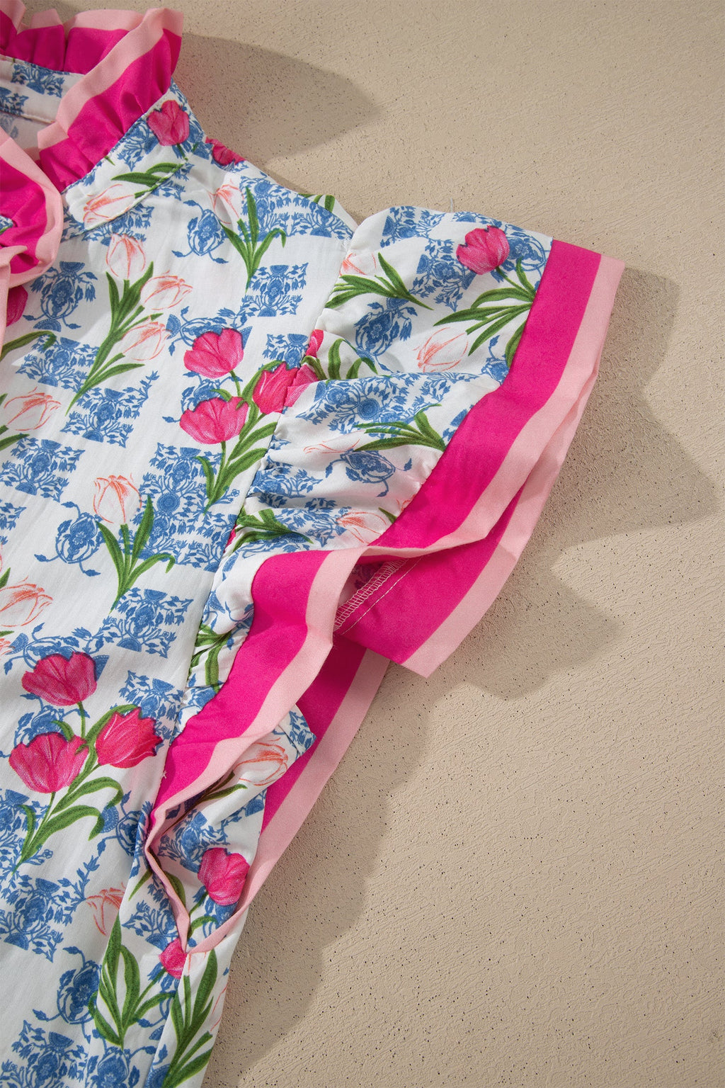 Rose Floral Print Color Block Striped Trim Flutter Sleeve Half Button Blouse