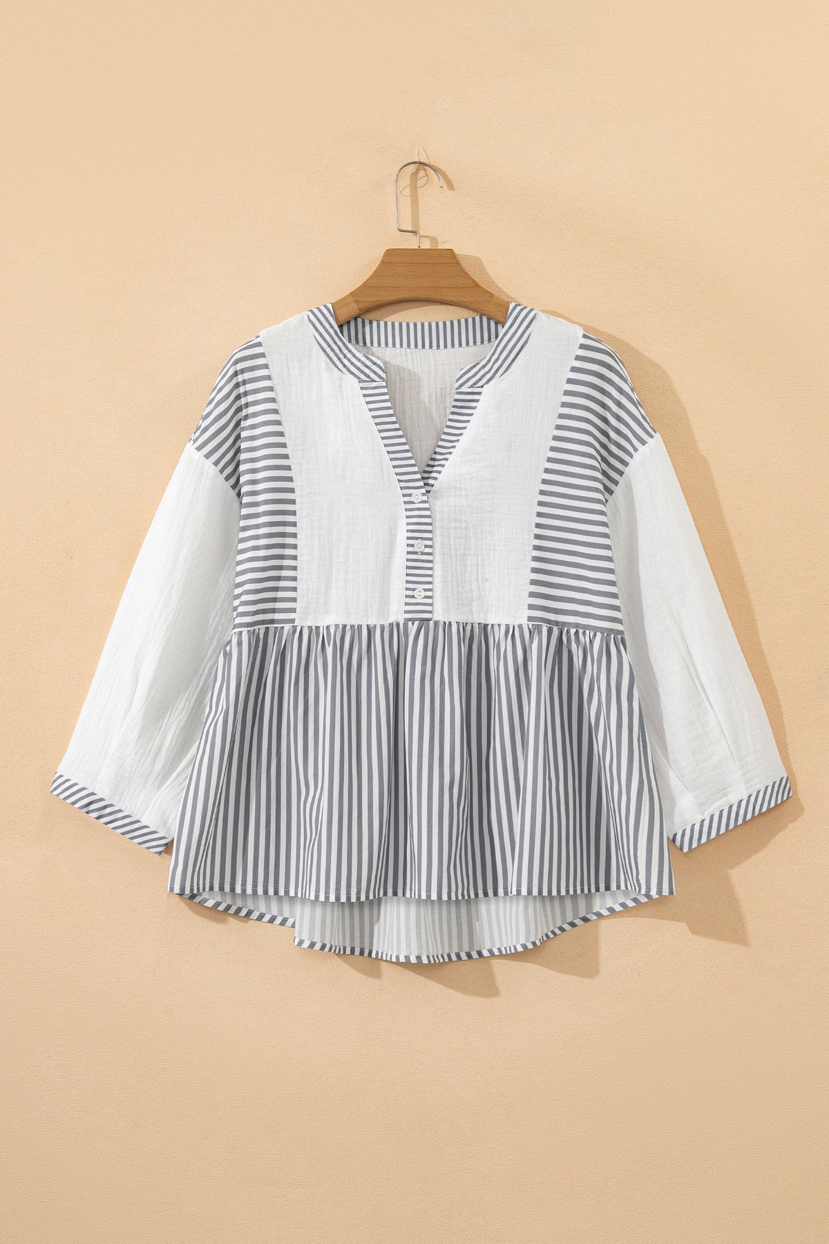 Stripe Gauze Patchwork Half Buttoned Babydoll Blouse