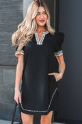 Black Leopard Trim Notched Neck Short Puff Sleeve Shift Mini Dress
