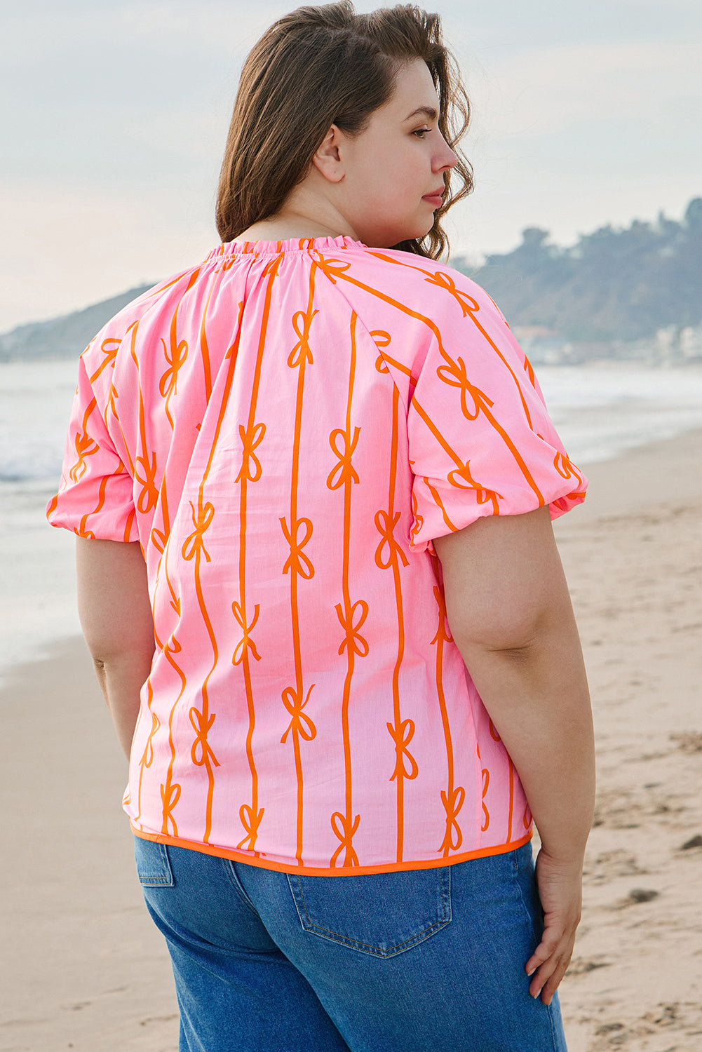 Plus Size Bow Tie V-Neck Puff Sleeve Blouse