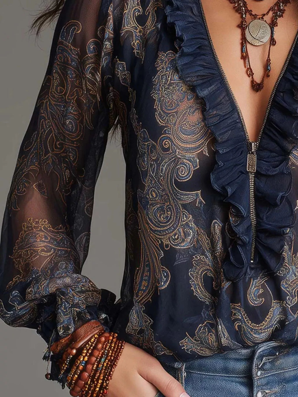 Full Size Paisley Print Ruffle Trim Zip-Front Blouse Plus Size