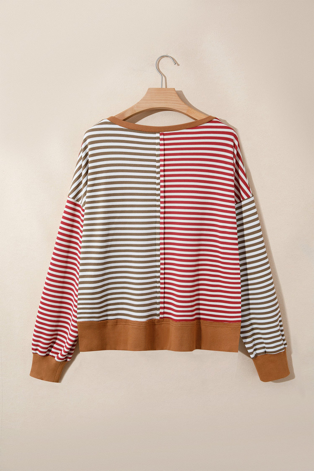 Red Striped Colorblock V Neck Long Sleeve Top