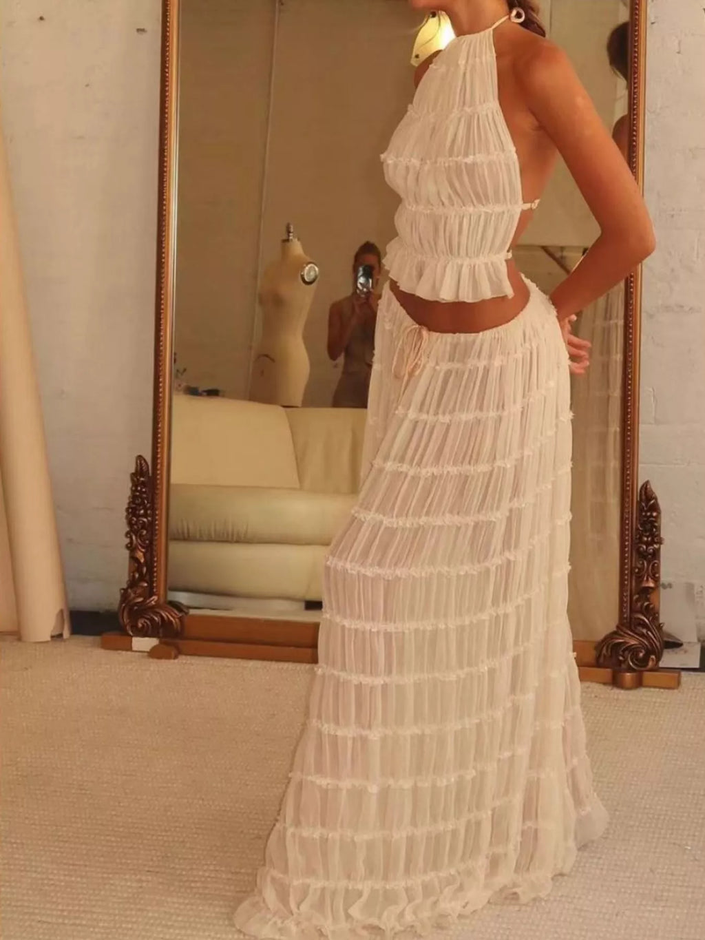 Boho Chic Ruffled Halter Crop Top and Maxi Skirt Set