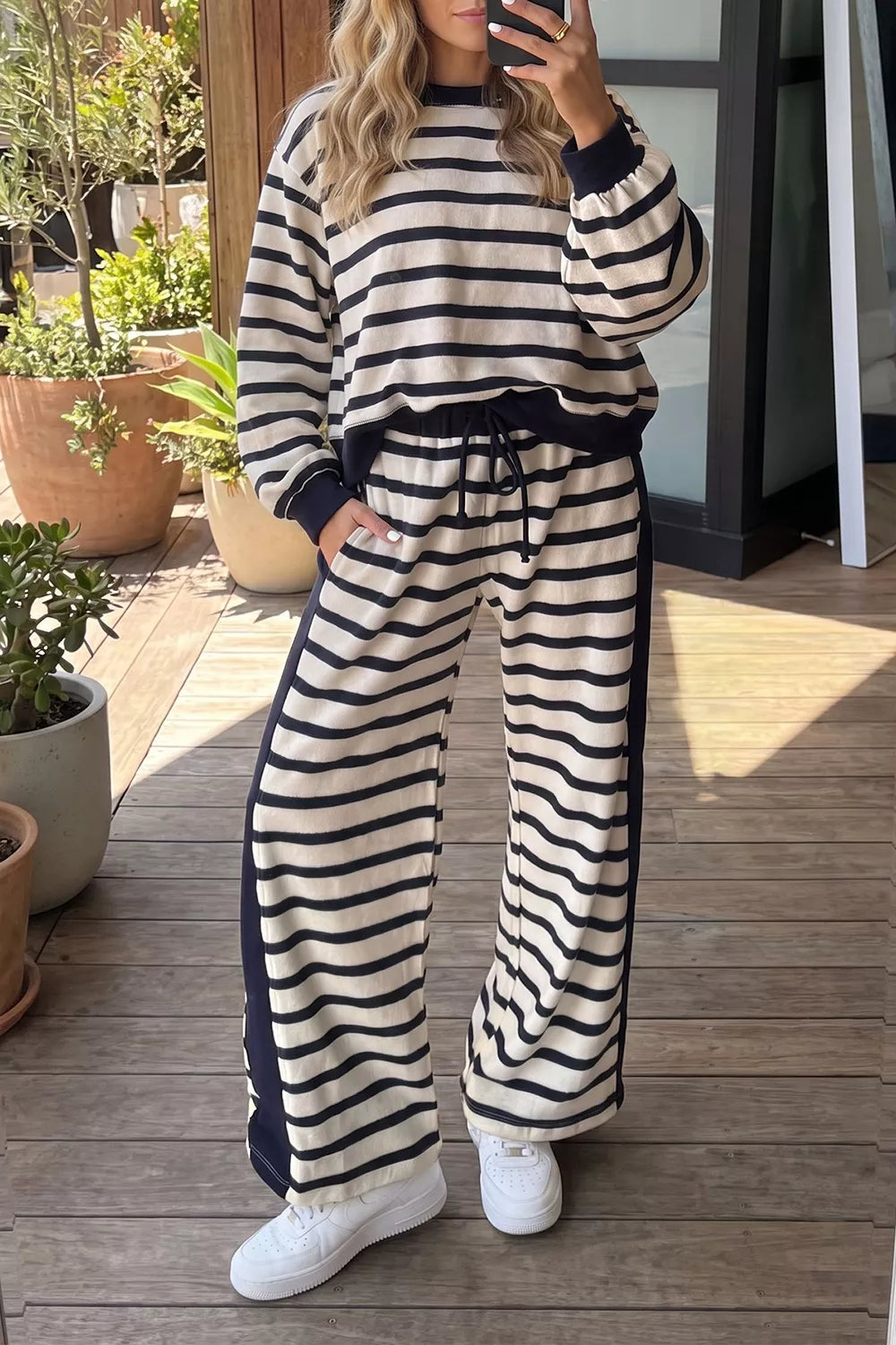 Stripe Relaxed Long Sleeve Top Color Block Detail Drawstring Pant Set