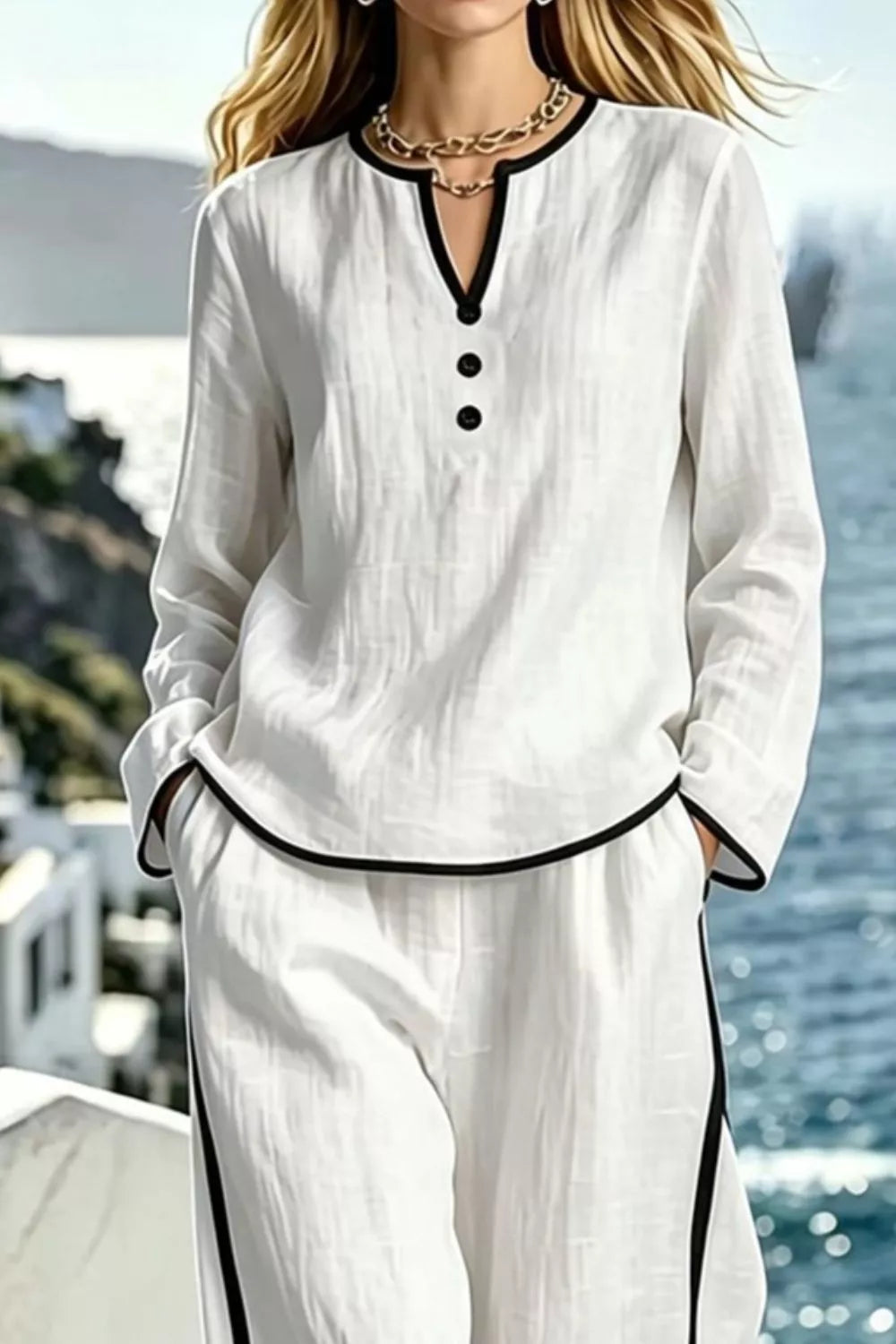 Contrast Trim Long Sleeve Top and Pants Set
