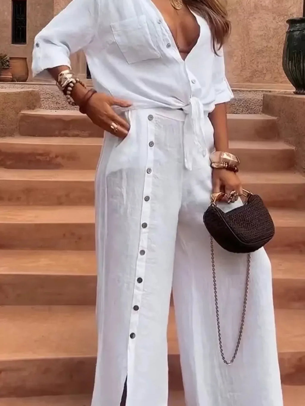 Full Size Tie-Front Shirt and Button-Down Wide-Leg Pants Set Plus Size