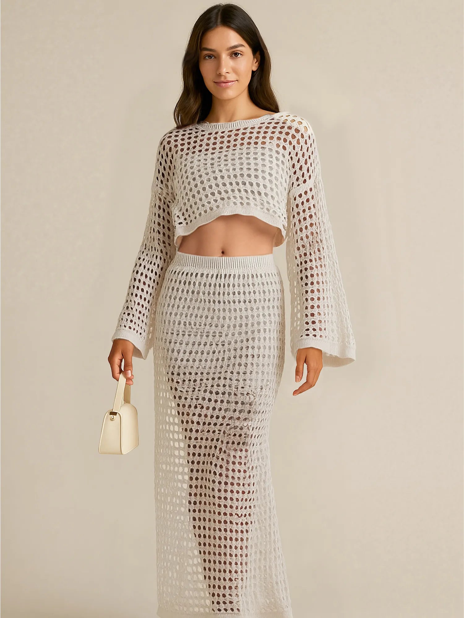 Hollow Out Long Sleeve Top and Skirt Knit Set