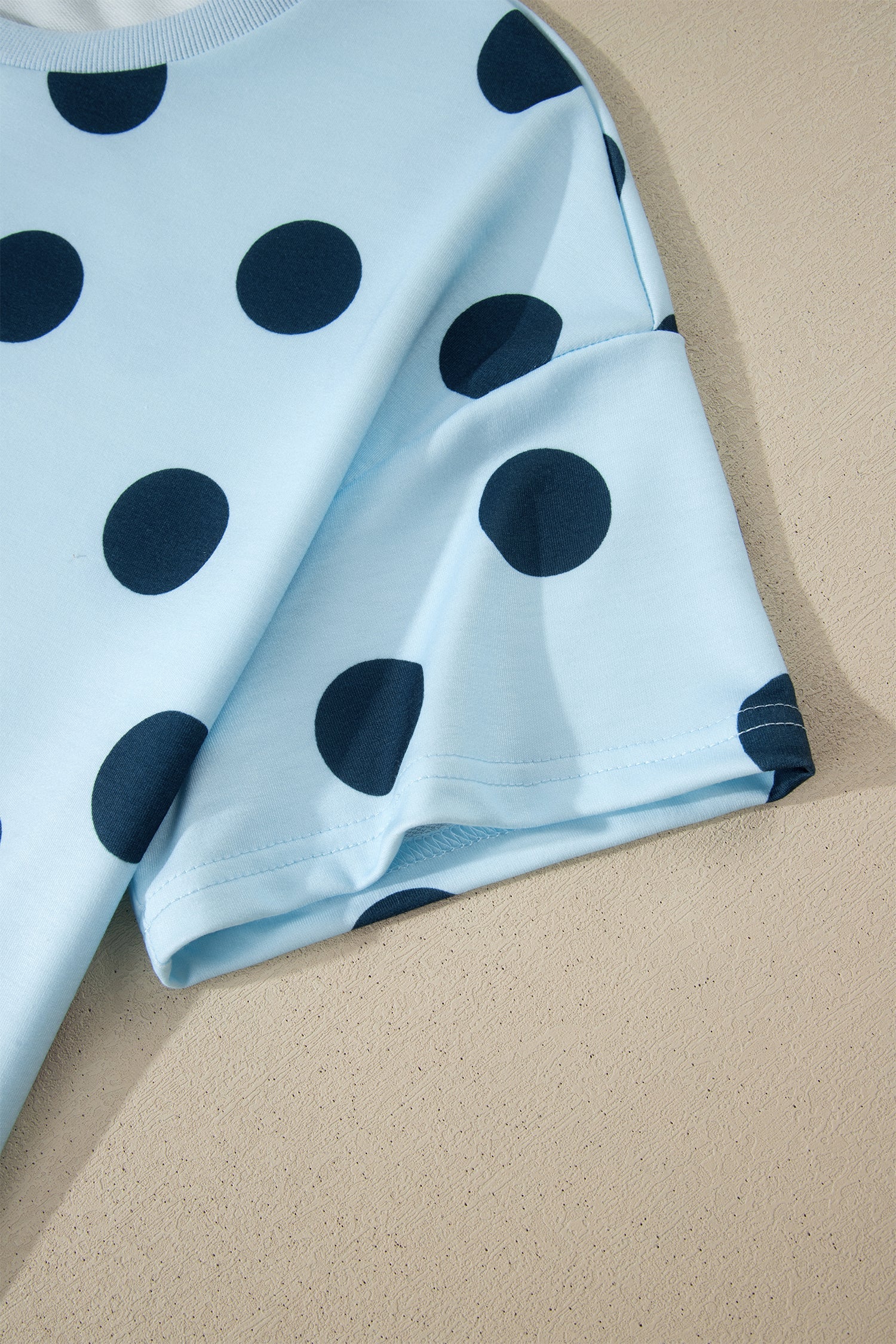 Sky Blue Polka Dot Print Loose Tee Drawstring Elastic Waist Short Set