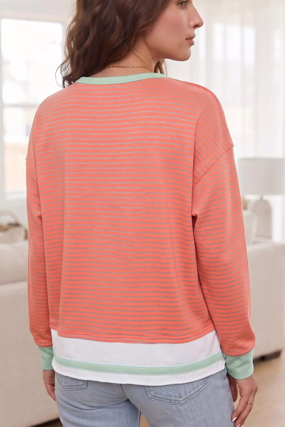 Stripe Colorblock Detail Raw Seam Long Sleeve Tunic Top