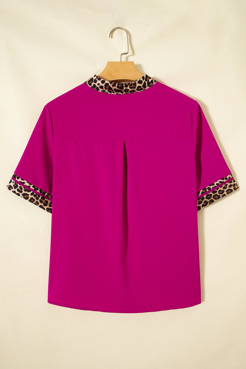 Violet Leopard Patchwork Trim Split Neck Short Sleeve Blouse