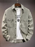 Men's Plus Size Vintage Washed Denim Shirt with Dual Chest Pockets