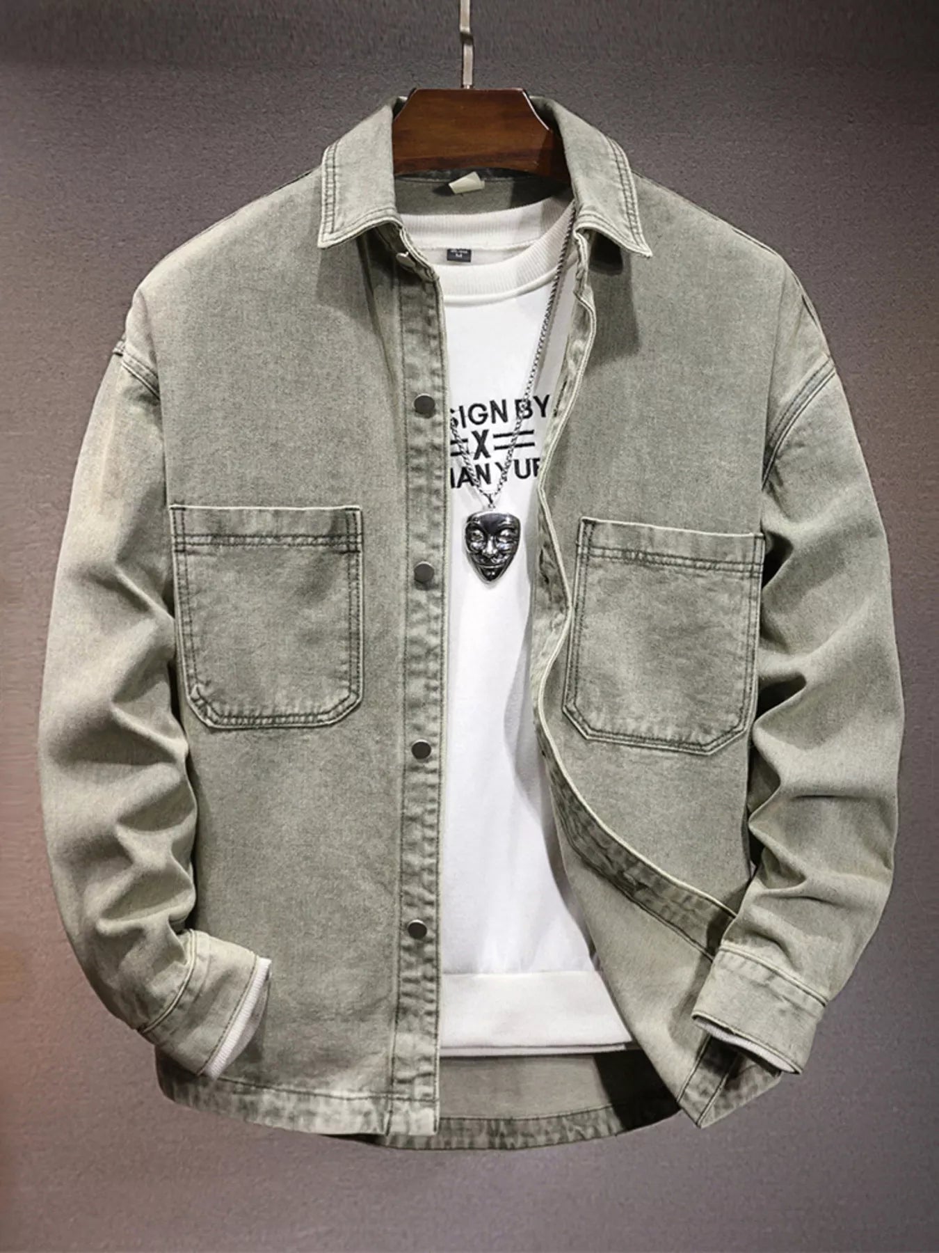 Men's Plus Size Vintage Washed Denim Shirt with Dual Chest Pockets