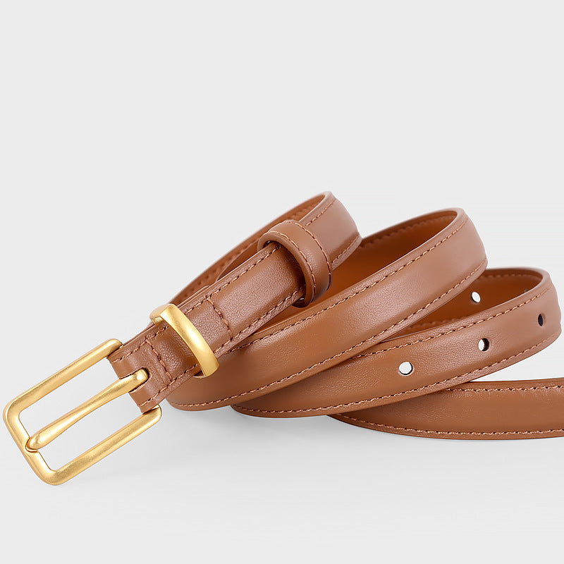 Leather Skinny Belt with Golden Buckle