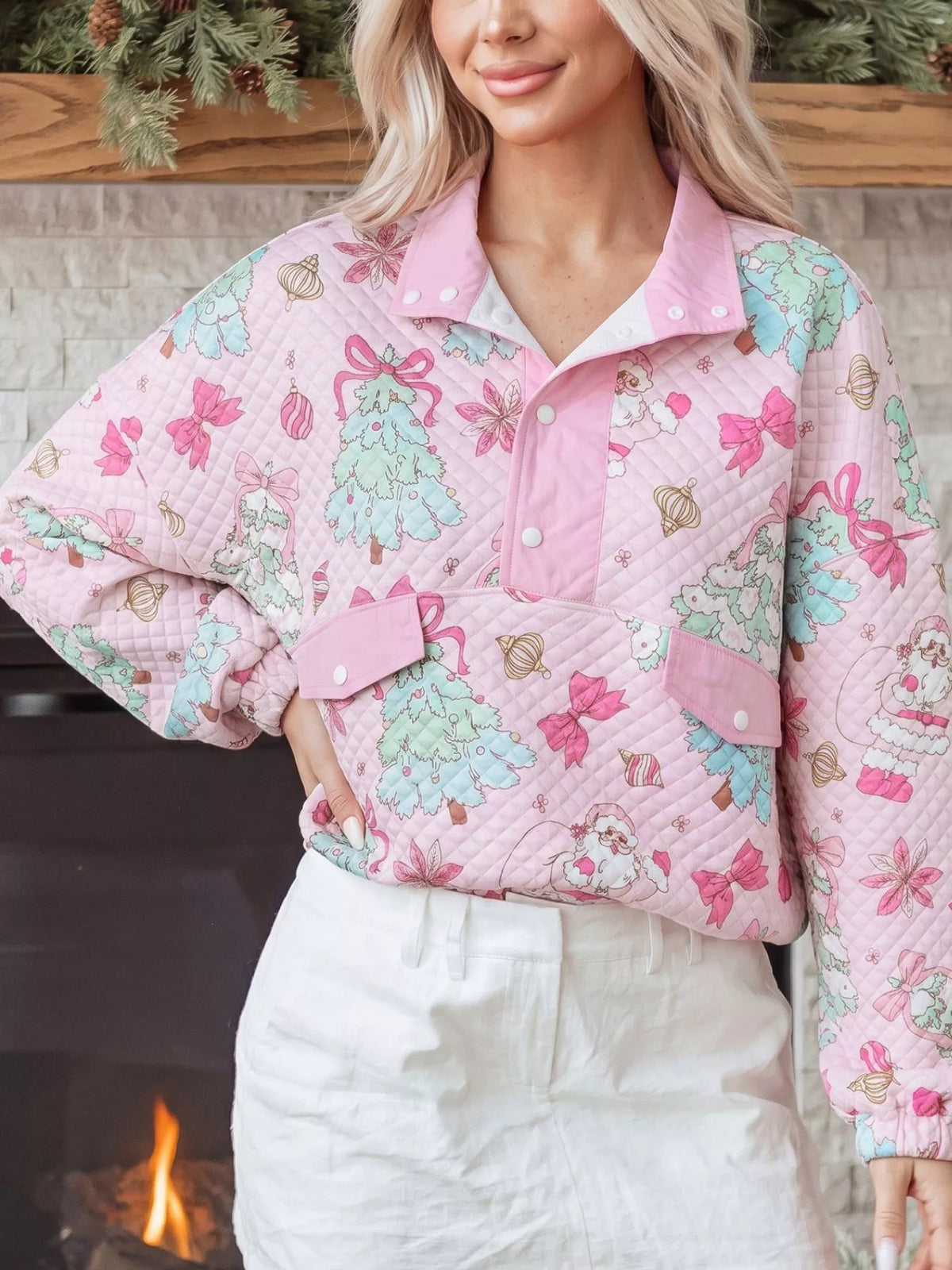 Christmas Print Collar Half Button Loose Sweatshirt