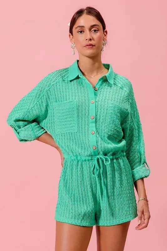 Mint Textured Knit Button Front Romper