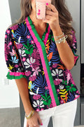 Rose Floral Print Frilled Contrast Striped Trim V Neck Short Sleeve Blouse