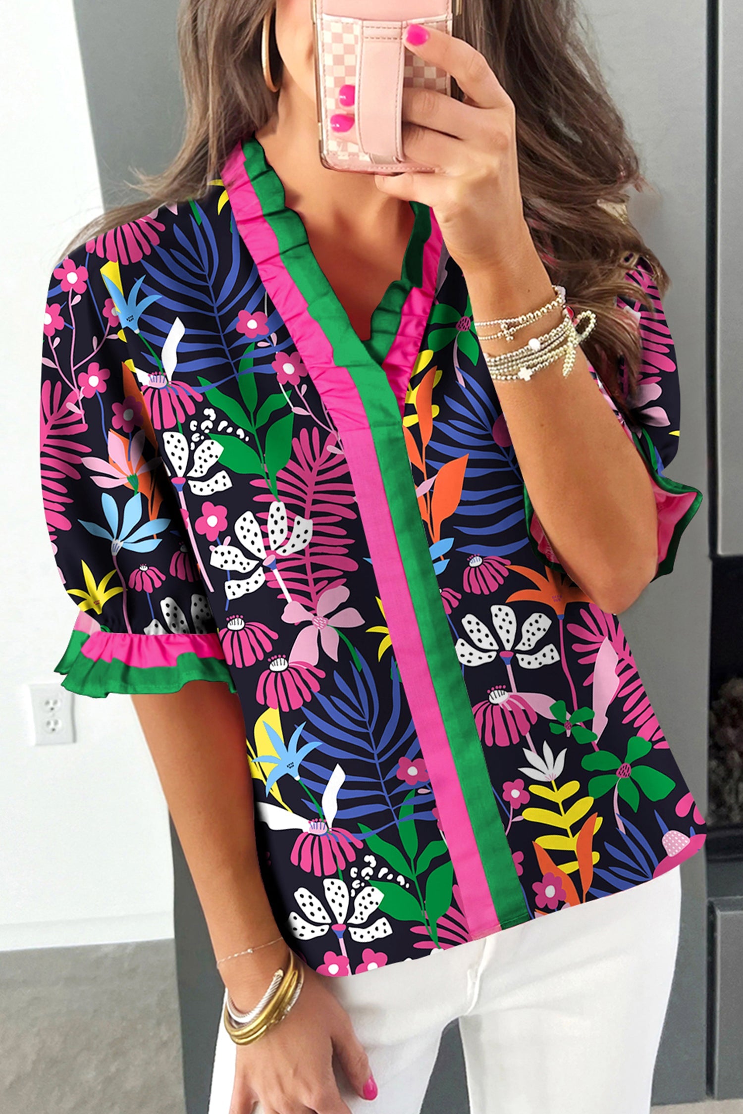 Rose Floral Print Frilled Contrast Striped Trim V Neck Short Sleeve Blouse