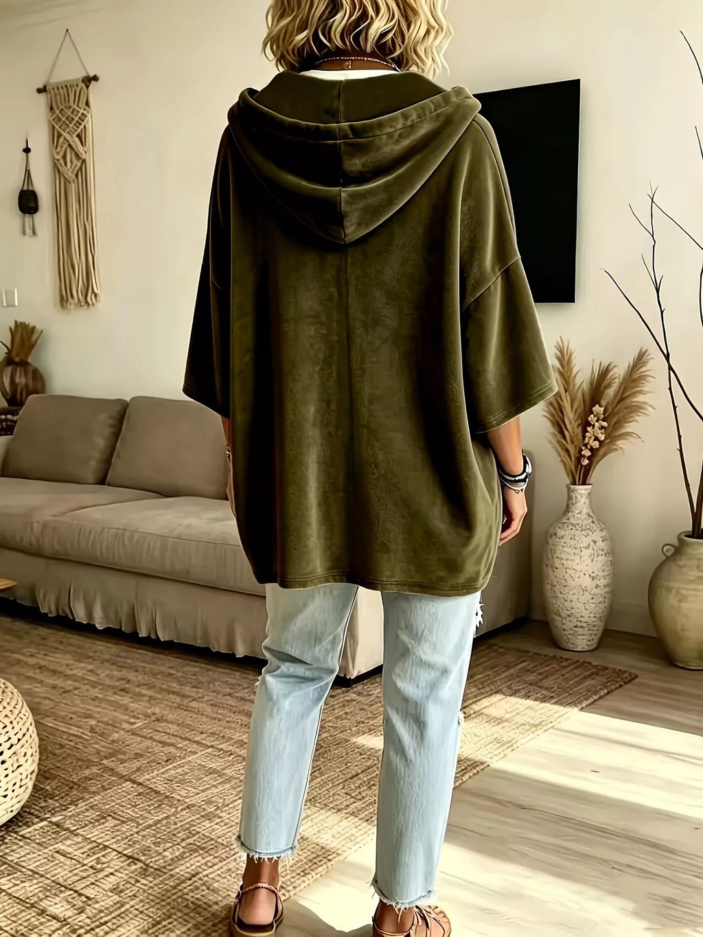 Full Size Velvet Button Detail Drawstring Hoodie Plus Size