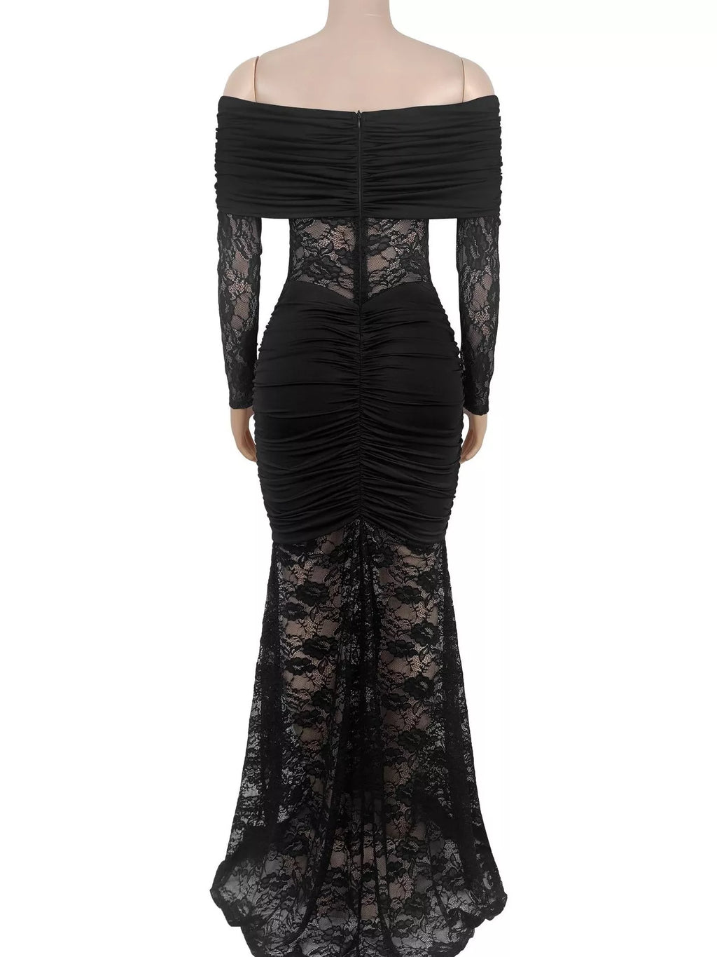 Off-Shoulder Ruched Lace Mermaid Maxi Dress