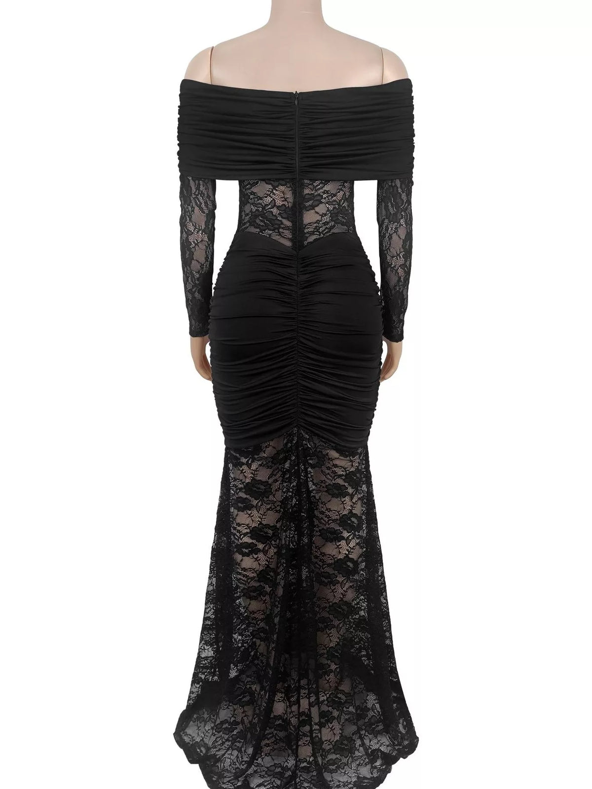 Off-Shoulder Ruched Lace Mermaid Maxi Dress