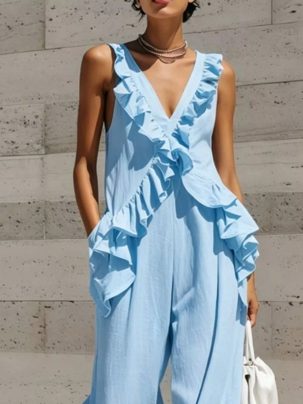 Ruffled V-Neck Sleeveless Jumpsuit