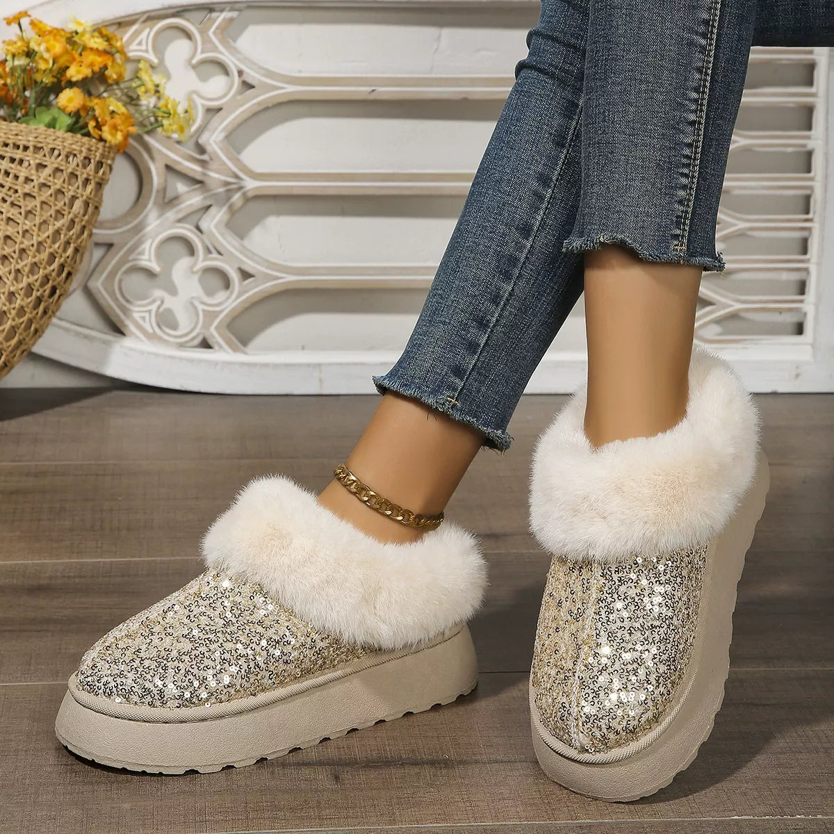 Sequin Round Toe Platform Boots