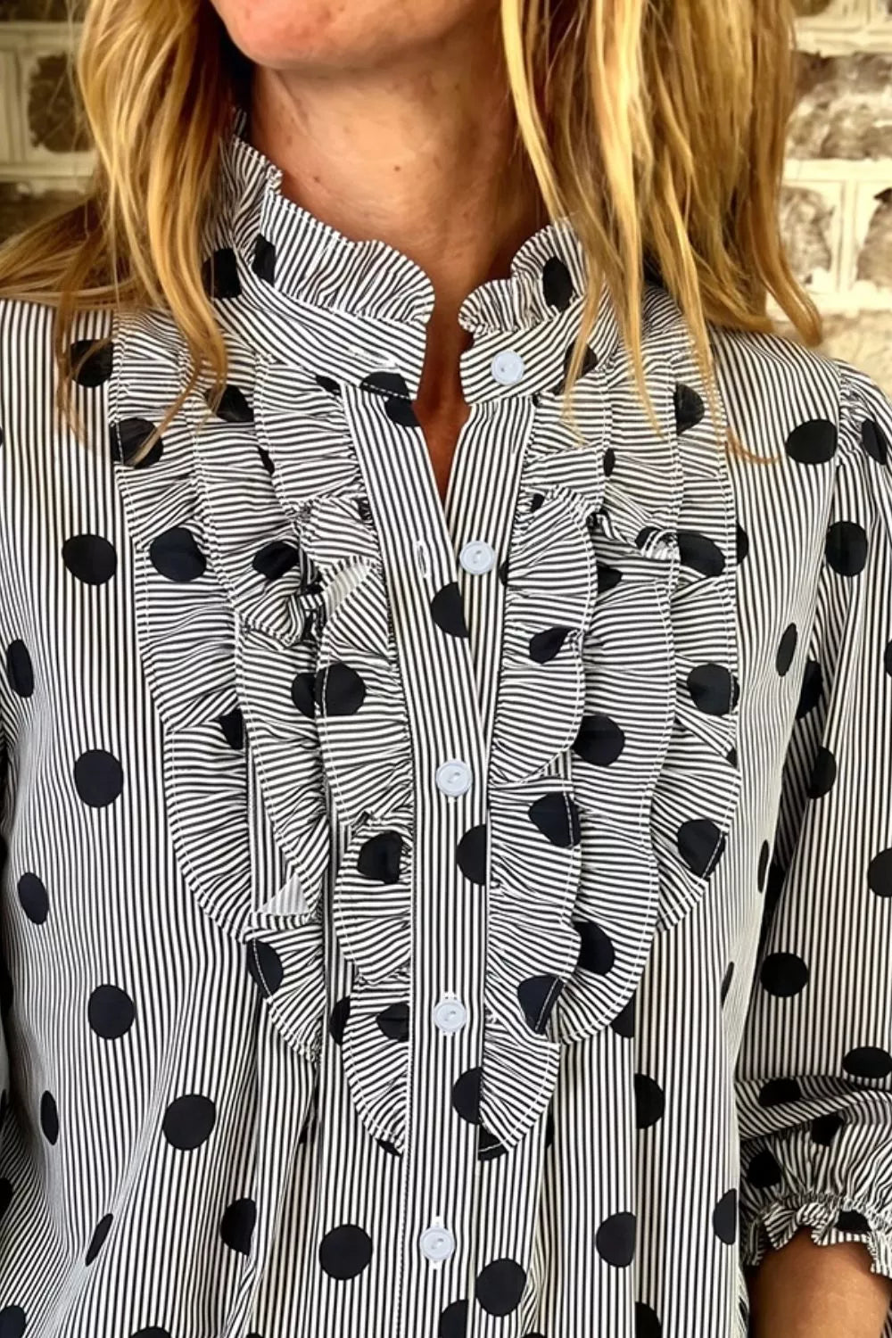 Polka Dot Ruffled Stand-Collar Shirt