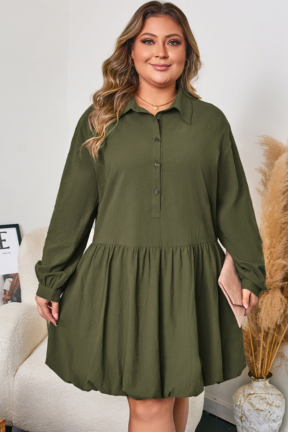 Plus Size Collared Half-Button Ruffle Hem Mini Dress
