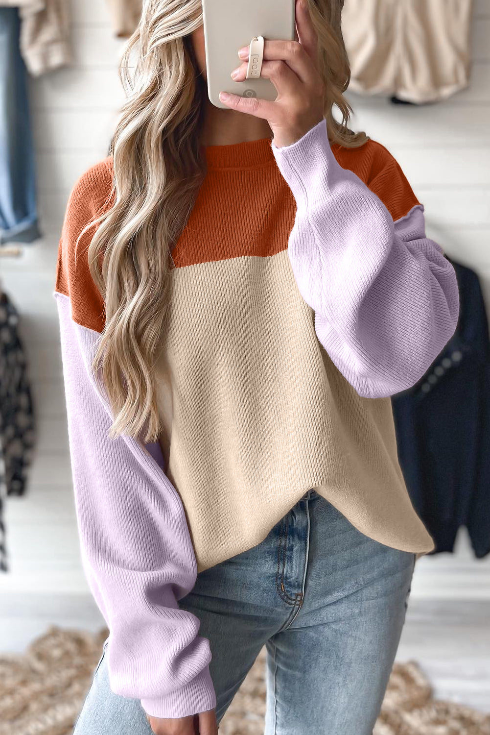 Colorblock Ribbed Knit Long Sleeve Sweater