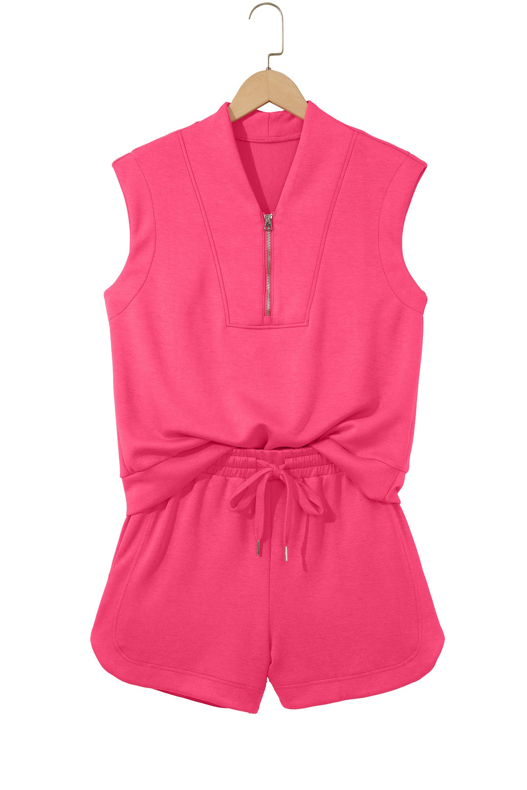 Fiery Red Quarter Zip Sleeveless Top Drawstring Shorts Casual 2pcs Outfit