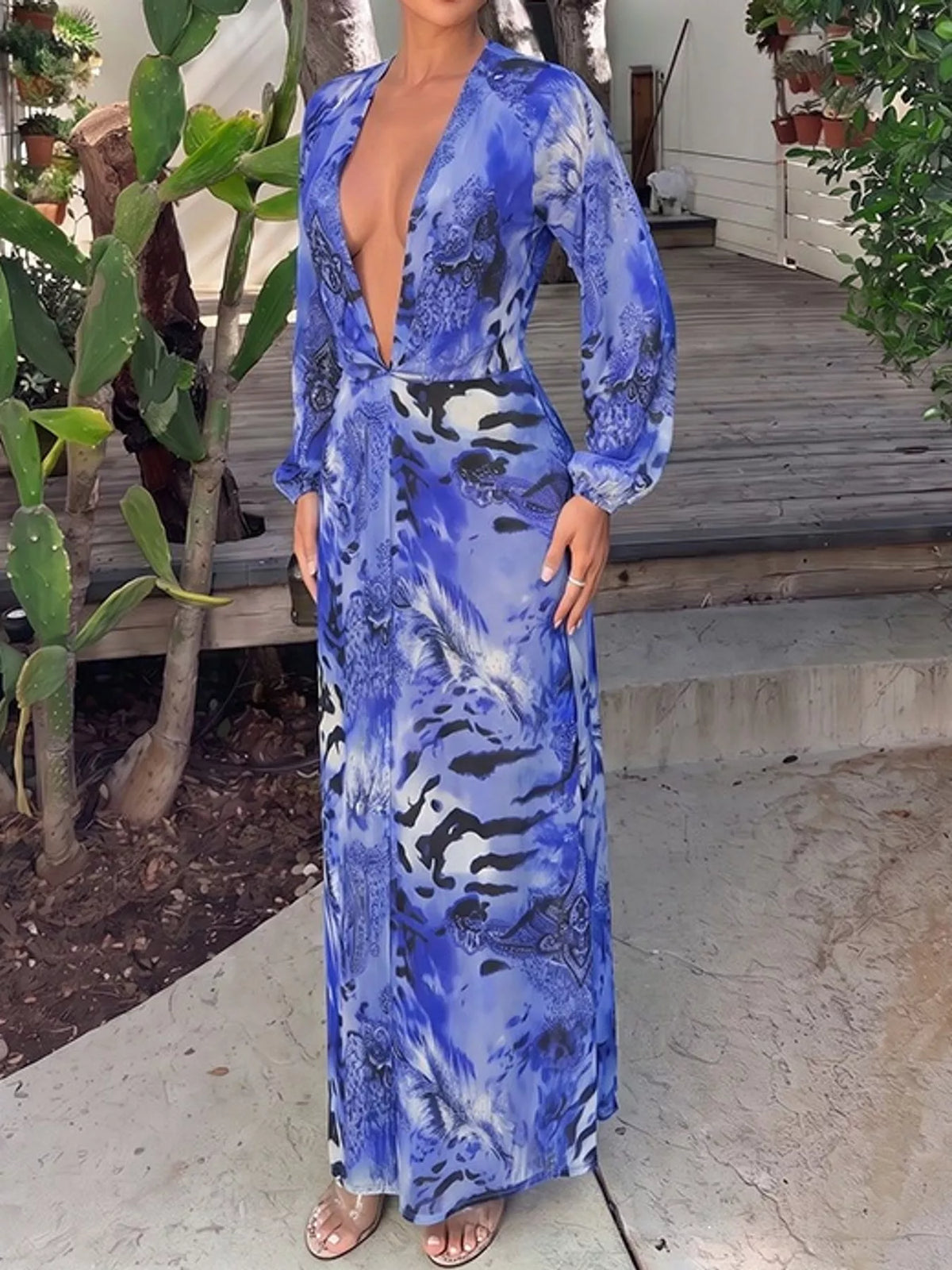Deep V-Neck Long Sleeve Printed Maxi Dress