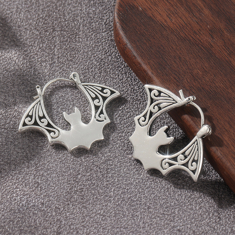 Vintage Bat Hoop Earrings Silver Tone Brass Women Gothic Halloween Party Statement Fashion Jewelry Unique