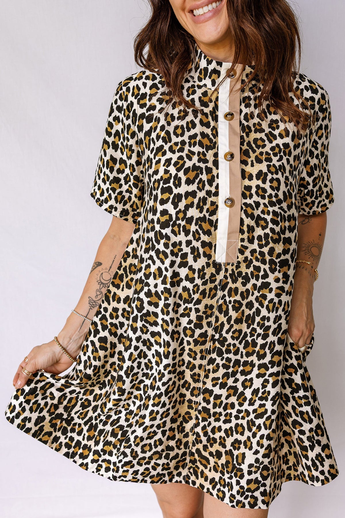 Leopard Half Buttoned Short Sleeve Mini Dress