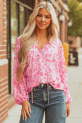 Floral Puff Sleeve Split Neck Lightweight Blouse