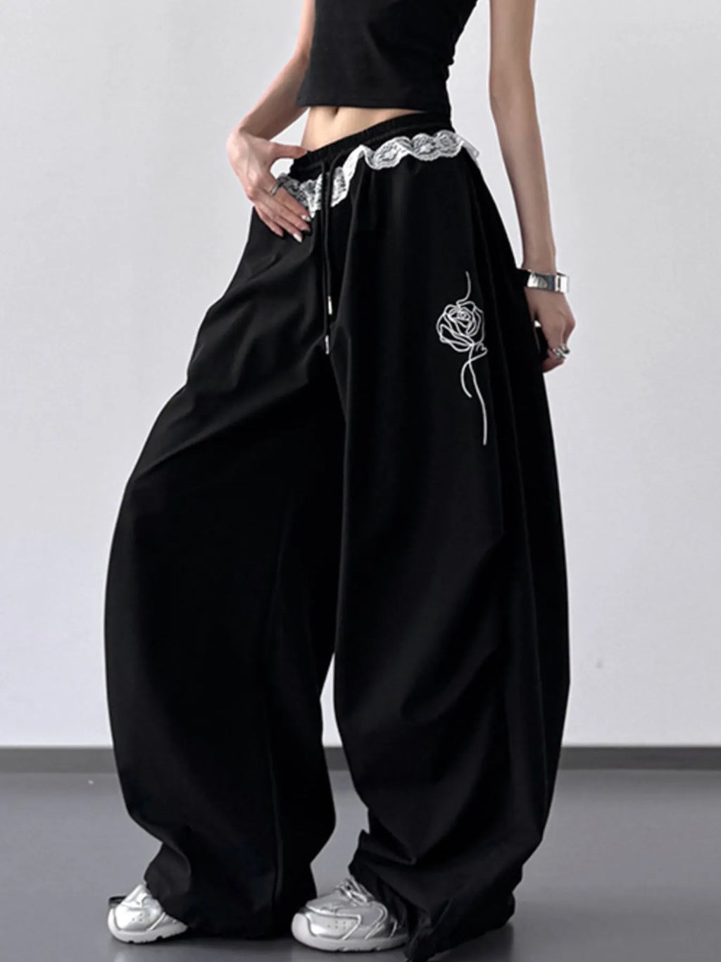 Drawstring Lace Detail Wide Leg Pants