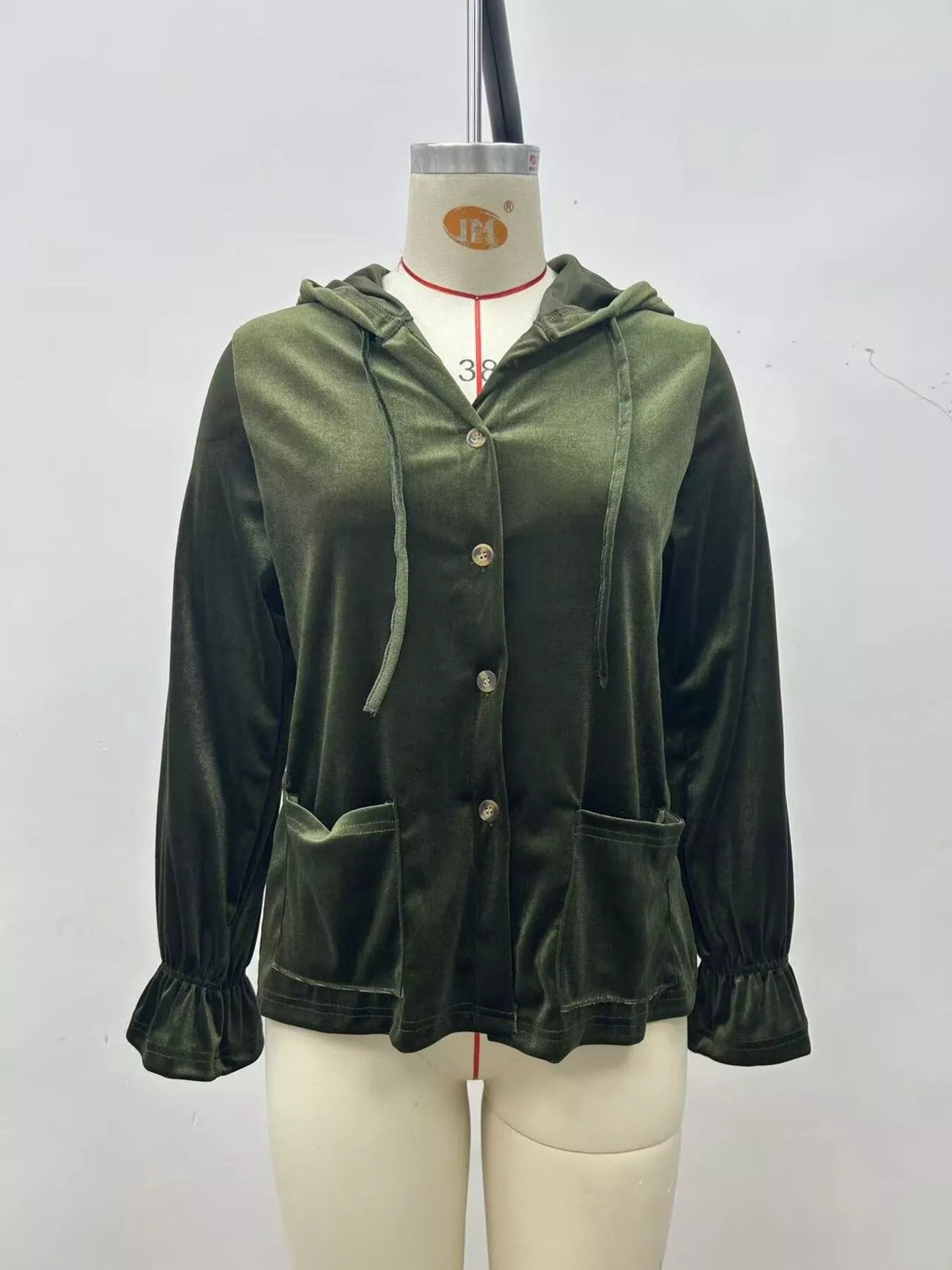 Full Size Velvet Button-Down Hooded Outerwear Plus Size