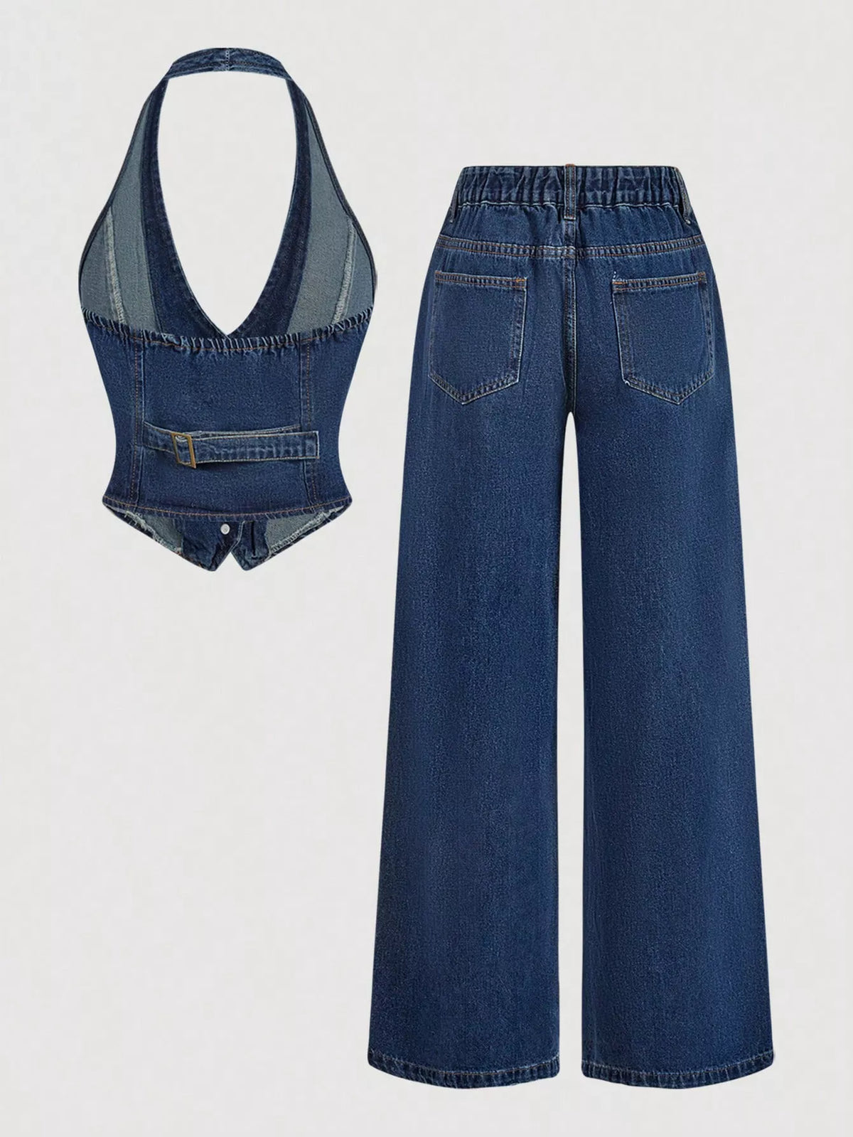 Halter Neck Denim Vest and Wide-Leg Jeans Set