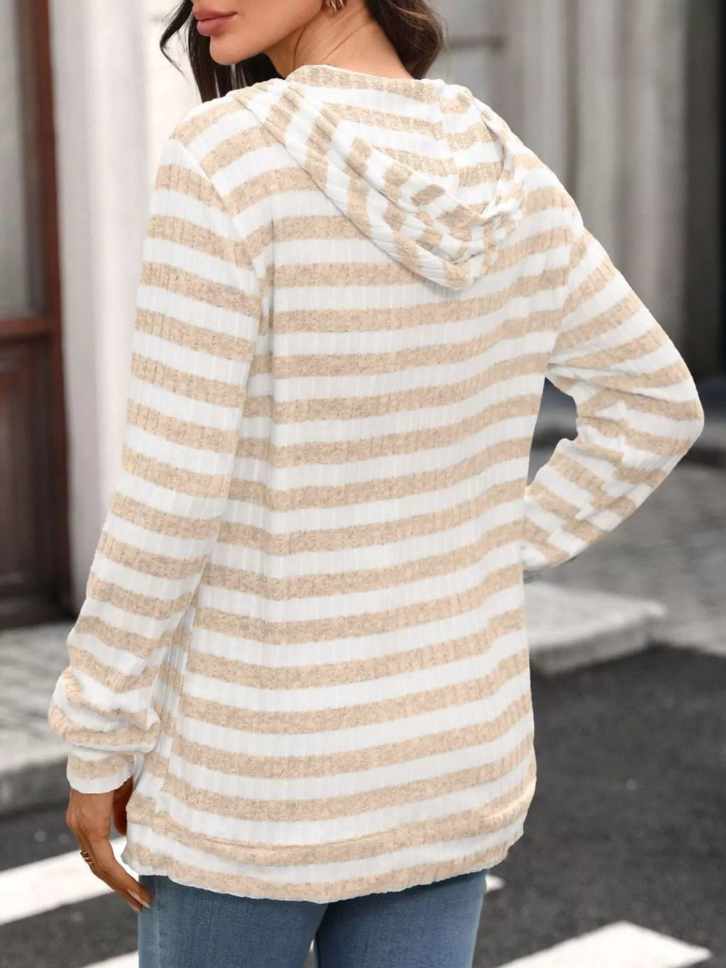 Casual Striped Ribbed Knit Hoodie with Kangaroo Pocket