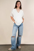 Oversized Contrast Knit V-Neck Top – Plus Size Available